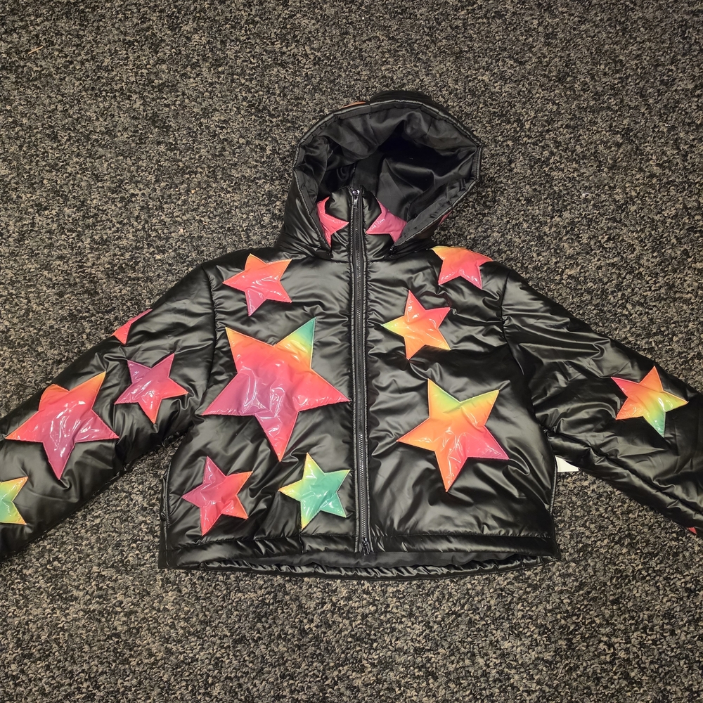 🐭♡Club Exx Black Hooded Puffer Jacket with Multicolor Star Accents